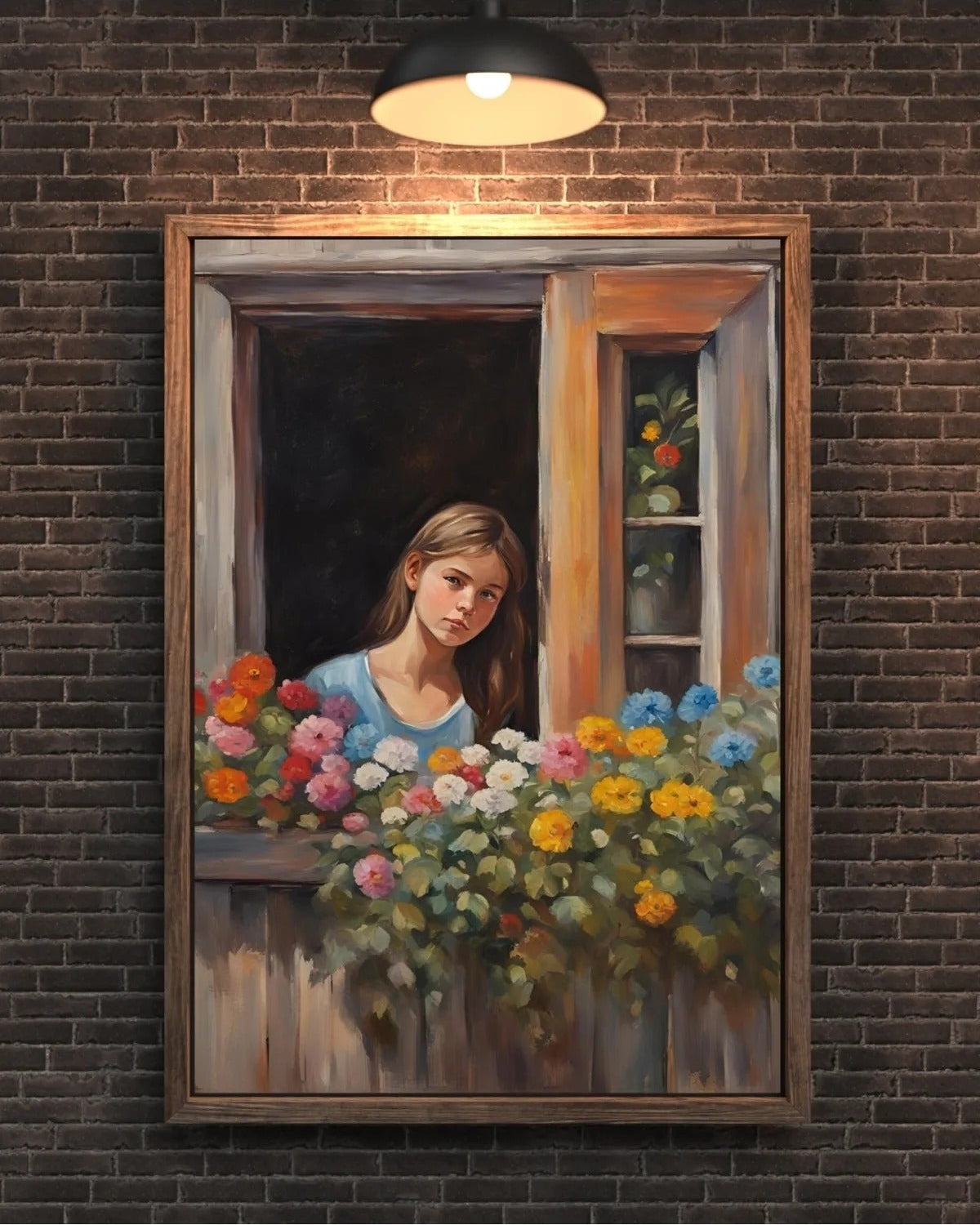 Yağlıboya efektli pencere ve kız tablosu üzerindeki sanatsal fırça darbesi görünümü