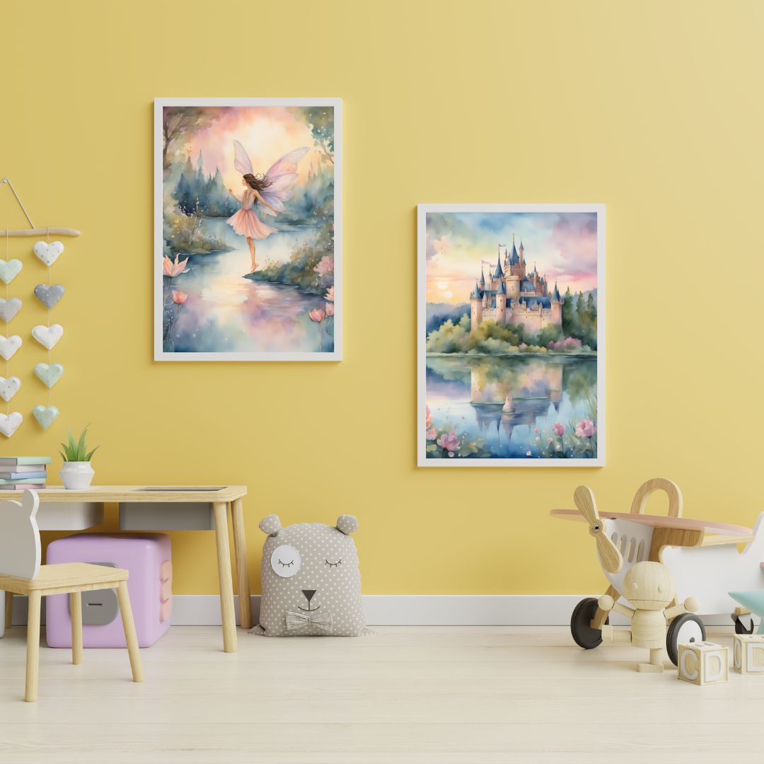 Pembe kanatlı peri kızı illüstrasyonu ve suluboya şato deseni sanatsal detay çekimi