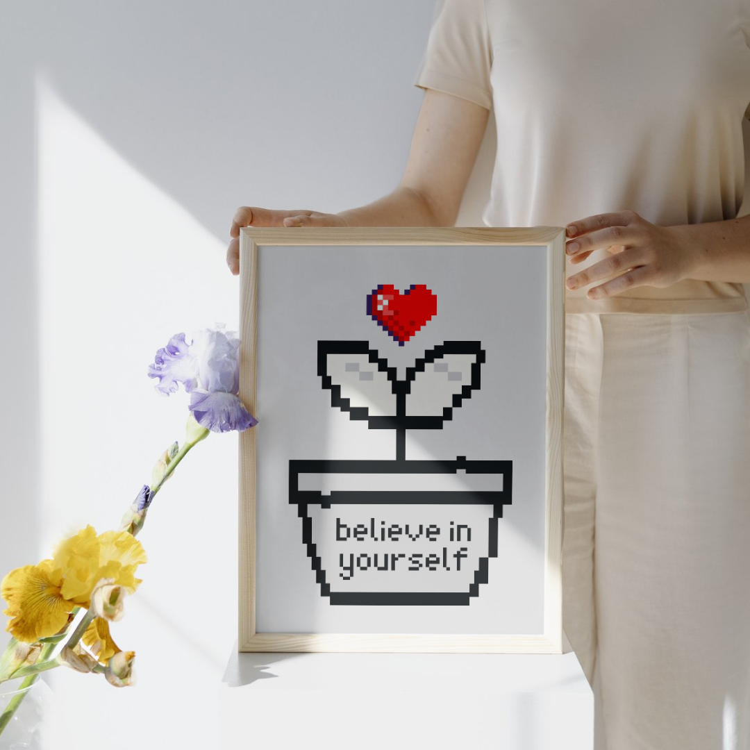 Saksıda pixel bitki ve kırmızı kalp illüstrasyonu sanatsal baskı detay çekimi