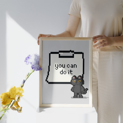 Pixel art kedi figürü ve "You Can Do It" yazılı not kağıdı illüstrasyonu sanatsal baskı detay çekimi