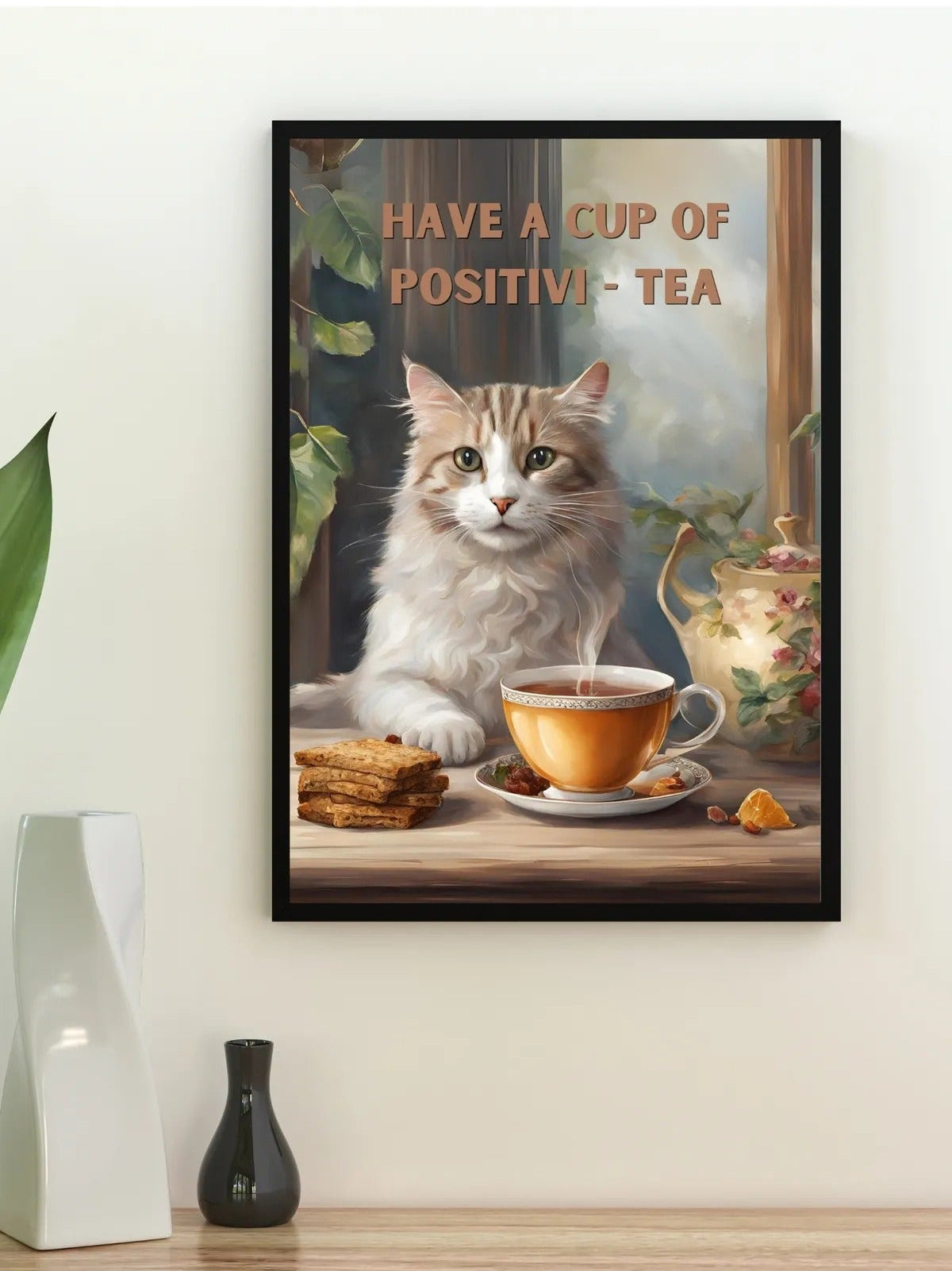 SÜMER Art Decoration "Have a cup of positivi-tea" yazılı sanatsal kedi ve çay posteri ana görseli