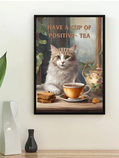 SÜMER Art Decoration "Have a cup of positivi-tea" yazılı sanatsal kedi ve çay posteri ana görseli