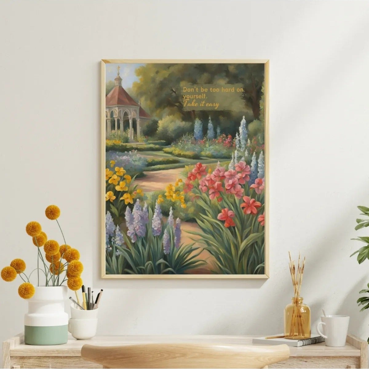 Renkli çiçekli bahçe, çardak illüstrasyonu ve şefkat içerikli söz detayı