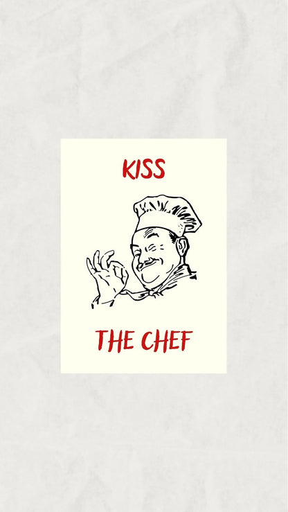 Klasik şef figürü çizimi ve kırmızı "Kiss the chef" yazılı poster detay çekimi