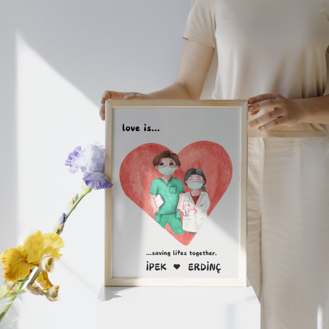 Üniformalı doktor çift illüstrasyonu ve "Saving lives together" yazılı kişiselleştirilmiş poster detay çekimi