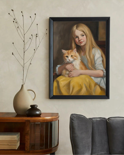 Yağlı boya dokusu, kedi ve küçük kız portresi detay çekimi