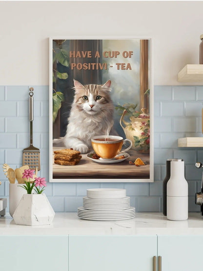 Yağlı boya tarzı kedi çizimi, çay fincanı ve esprili motivasyonel söz detay çekimi