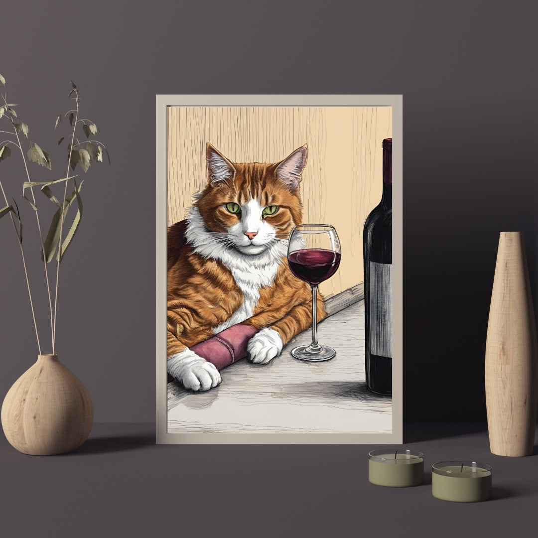 SÜMER Art Decoration şarap keyfi yapan sarman kedi modern dekoratif poster ana görseli