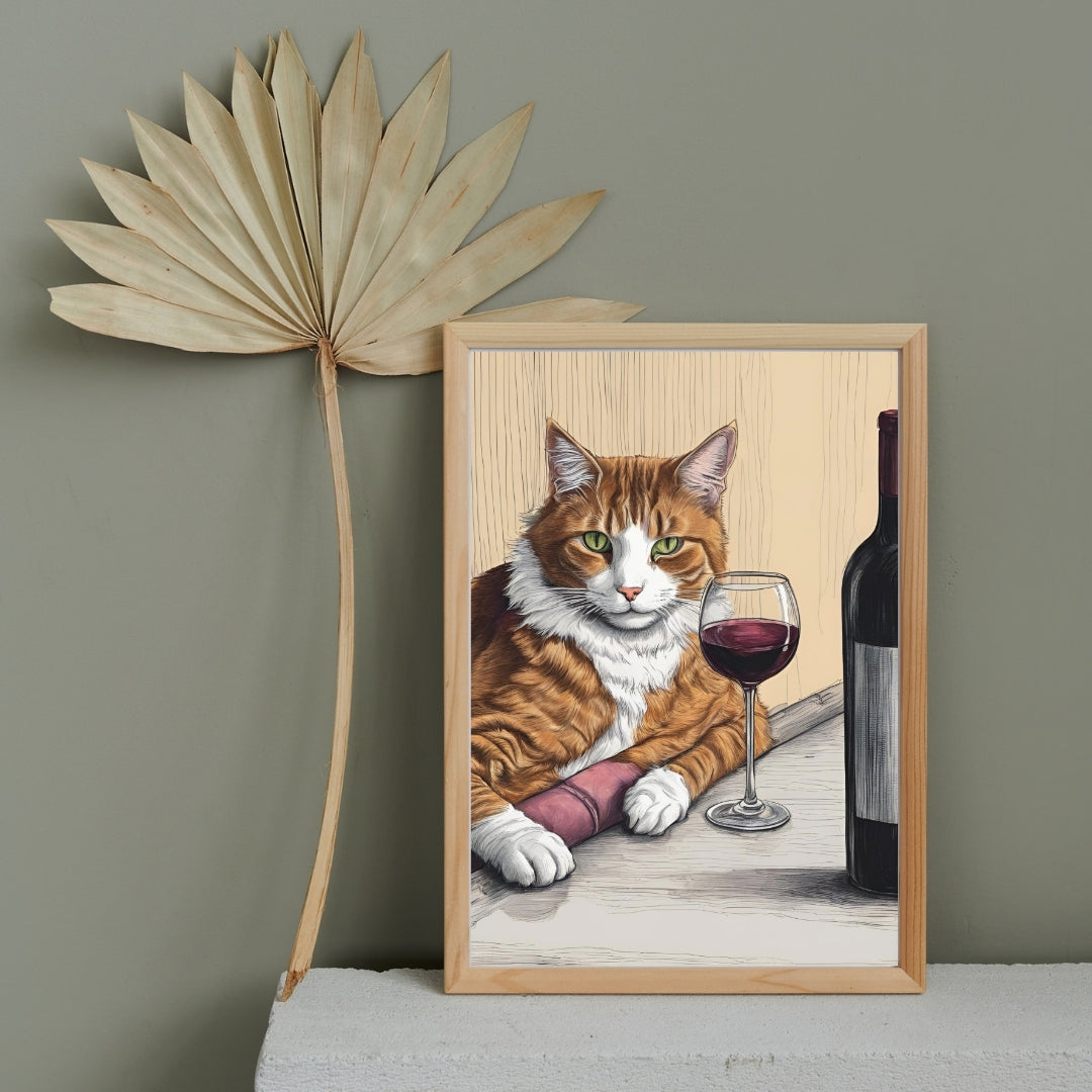 Sanatsal kedi posteri üzerindeki şarap kadehi ve illüstratif fırça darbesi detayları