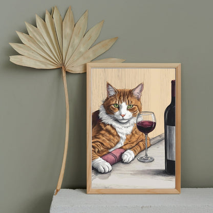 Sanatsal kedi posteri üzerindeki şarap kadehi ve illüstratif fırça darbesi detayları