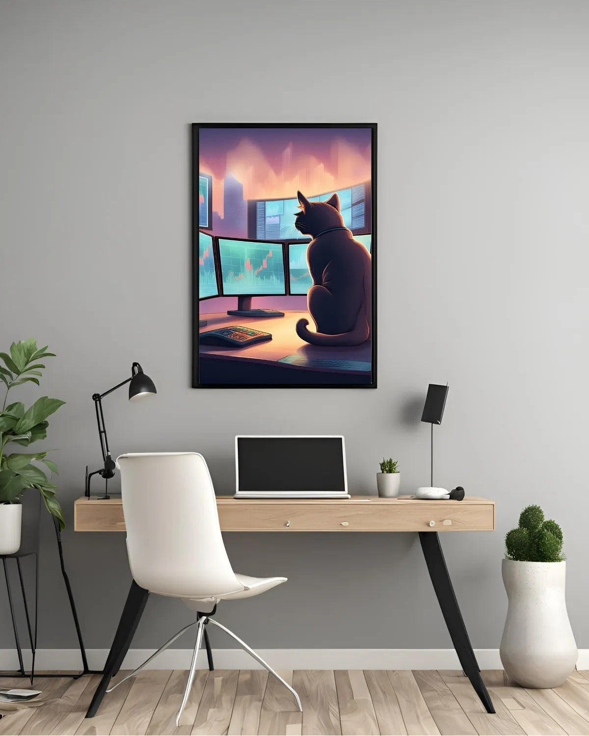 Borsa grafiklerini takip eden siyah kedi illüstrasyonu sanatsal detay çekimi