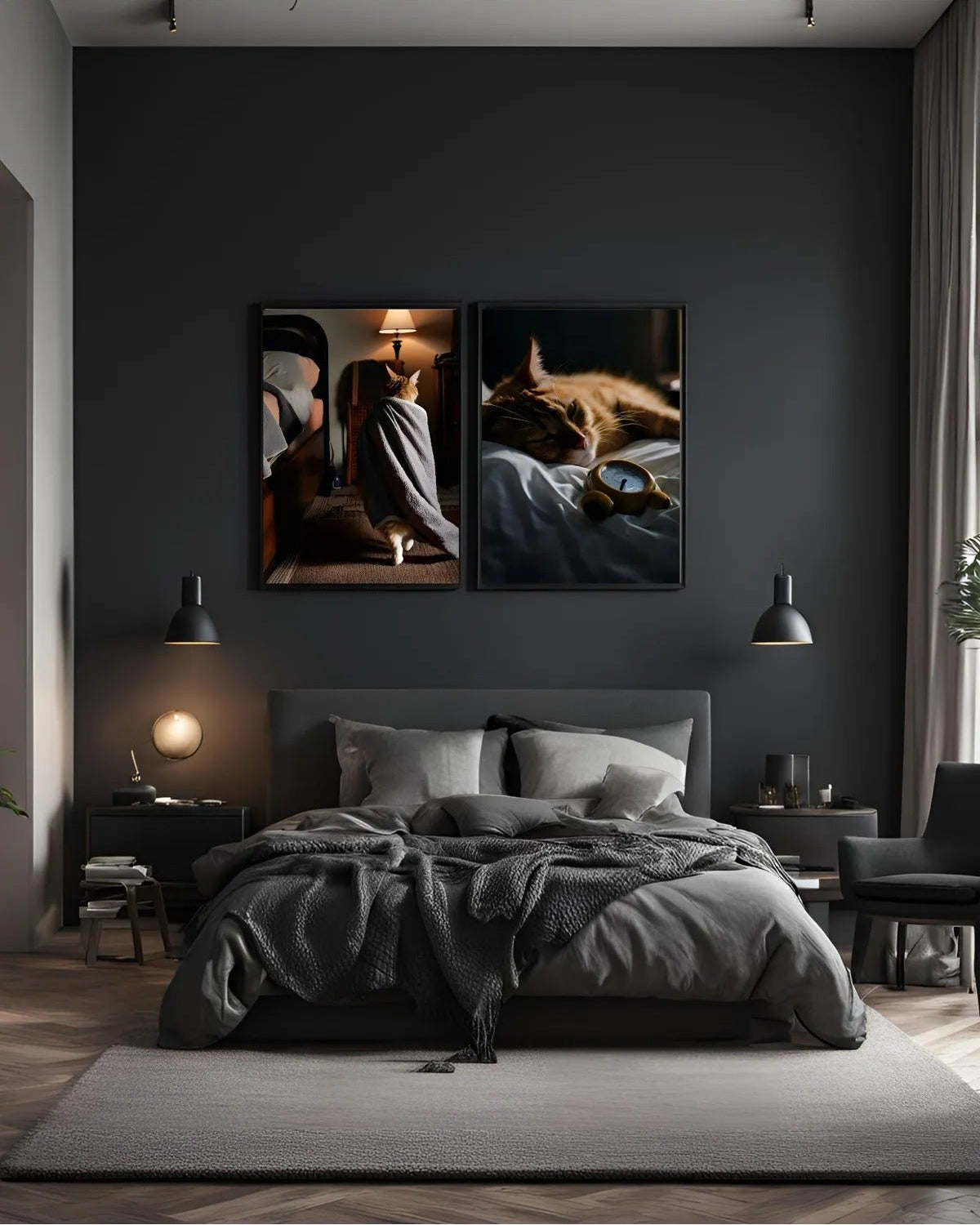 SÜMER Art Decoration 'Sleepy Cat' uykulu kedi temalı 2'li yatak odası tablo seti ana görseli