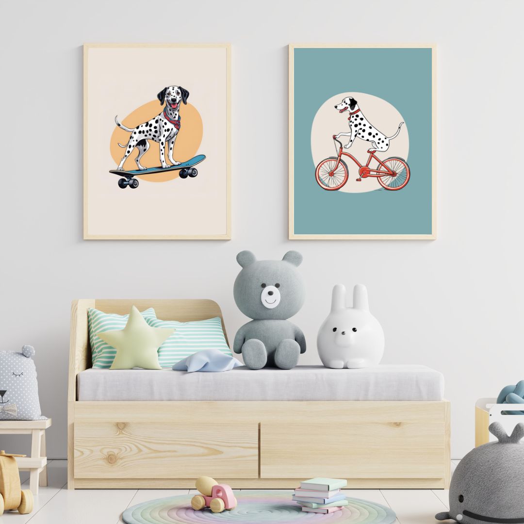 SÜMER Art Decoration kaykay ve bisiklet süren sevimli Dalmaçyalı 2'li çocuk odası poster seti ana görseli