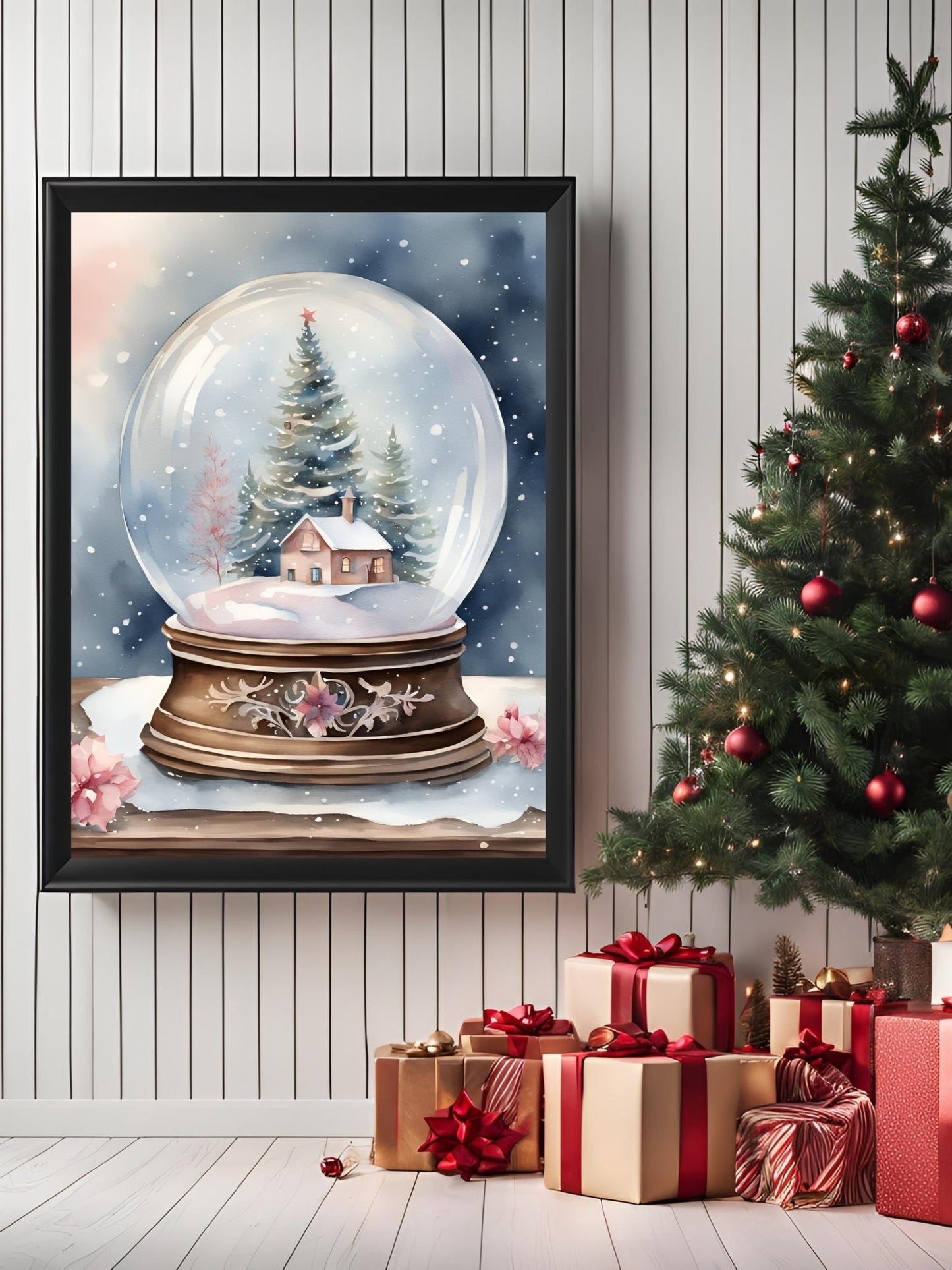 SÜMER Art Decoration çiçekli ve çam ağaçlı suluboya kar küresi yılbaşı posteri ana görseli