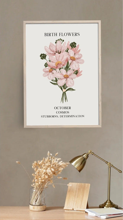 Pembe Cosmos illüstrasyonu ve "Stubborns, Determination" yazılı sanatsal poster detay çekimi