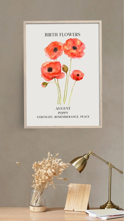 Kırmızı gelincik illüstrasyonu ve "Strength, Remembrance, Peace" yazılı sanatsal poster detay çekimi