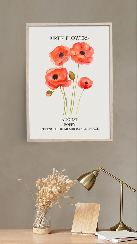 Kırmızı gelincik illüstrasyonu ve "Strength, Remembrance, Peace" yazılı sanatsal poster detay çekimi