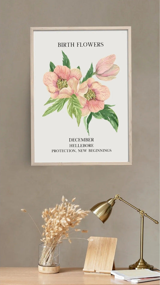 Pembe Hellebore illüstrasyonu ve "Protection, New Beginnings" yazılı sanatsal poster detay çekimi