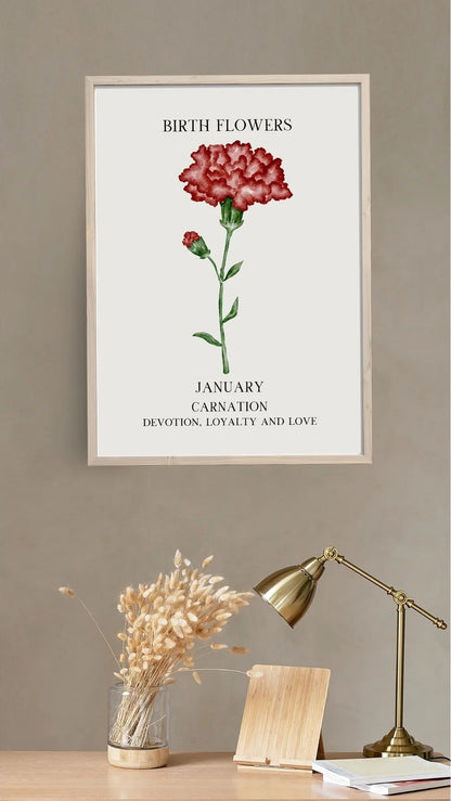 Kırmızı Karanfil illüstrasyonu ve "Devotion, Loyalty and Love" yazılı sanatsal poster detay çekimi