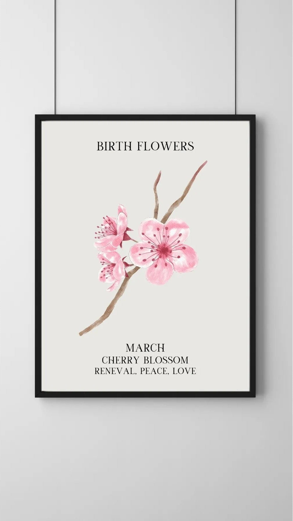 Pembe Kiraz Çiçeği illüstrasyonu ve "Renewal, Peace, Love" yazılı sanatsal poster detay çekimi