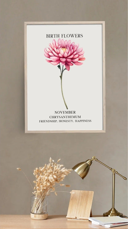 Krizantem illüstrasyonu ve "Friendship, Honesty, Happiness" yazılı sanatsal poster detay çekimi