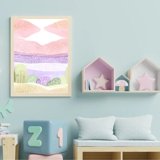 Pembe ve mor tonlarda soyut suluboya manzara illüstrasyonu ve ışıltı detay çekimi