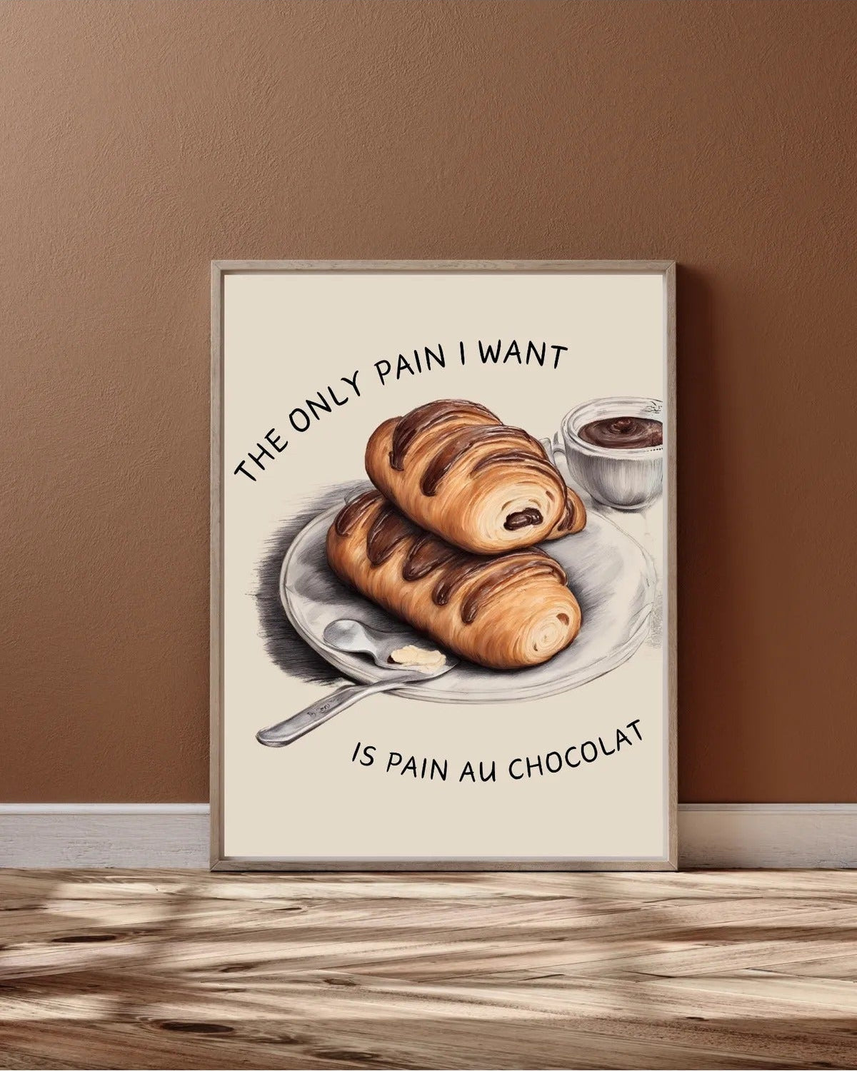 Modern bir mutfak veya kahvaltı köşesi için esprili Fransız mutfağı temalı çerçeveli tablo kullanım örneği