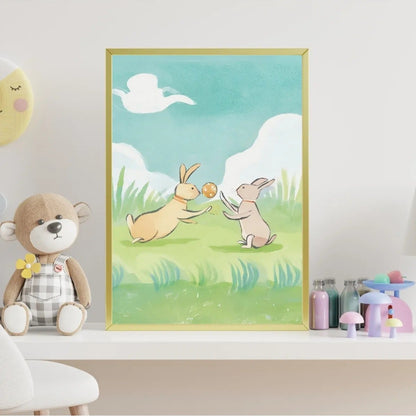 Modern sarı duvarlı çocuk odası için 2'li tavşan tablo seti kullanım örneği