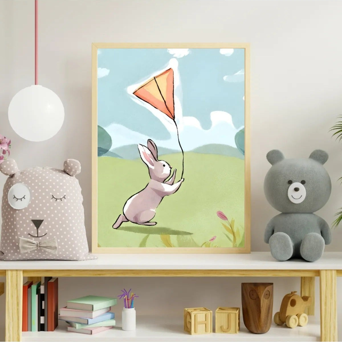 Uçurtma uçuran sevimli tavşan illüstrasyonu ve pastel renk detayları yakın çekimi