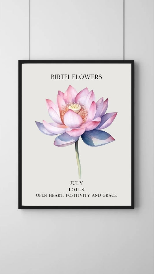 SÜMER Art Decoration Temmuz ayı doğum çiçeği Lotus (Nilüfer) temalı sanatsal suluboya posteri ana görseli