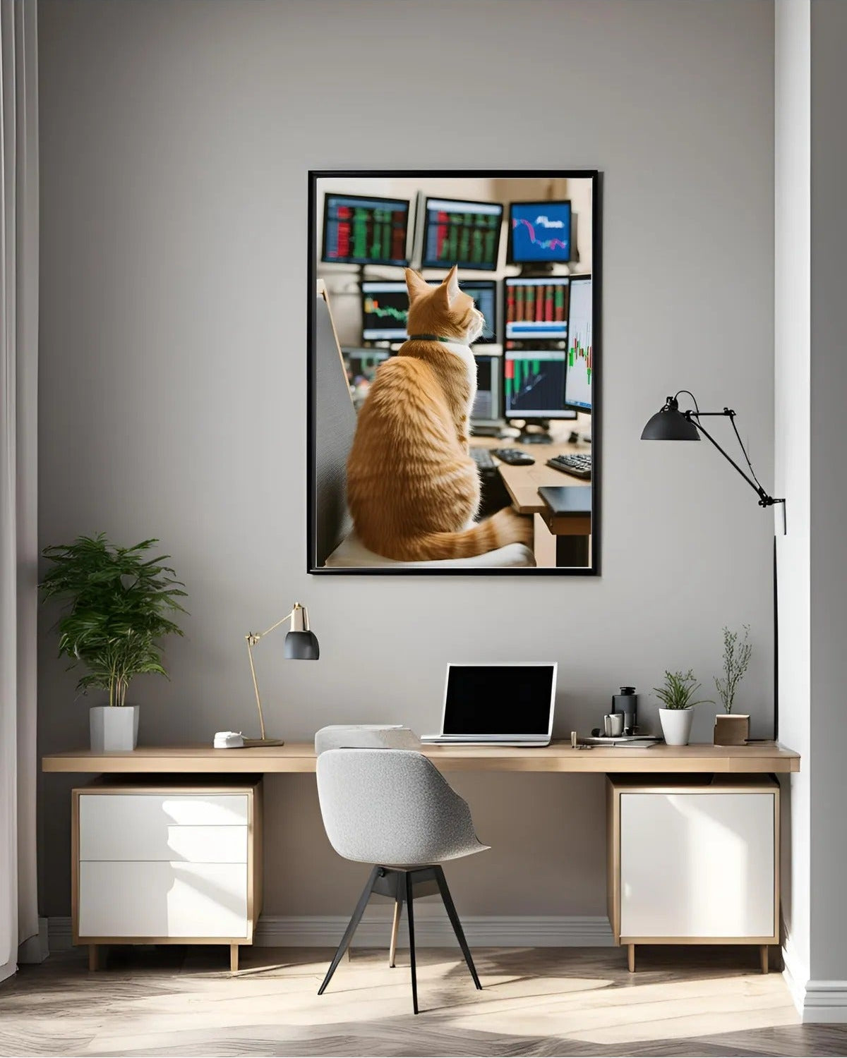 Grafik ekranlarını takip eden sarman kedi posteri yüksek çözünürlüklü baskı detayı