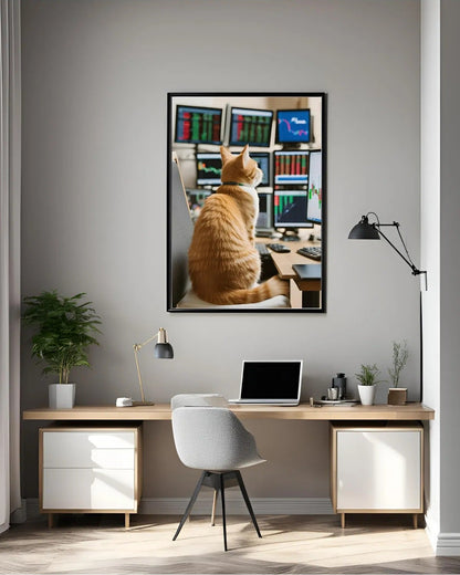 Grafik ekranlarını takip eden sarman kedi posteri yüksek çözünürlüklü baskı detayı