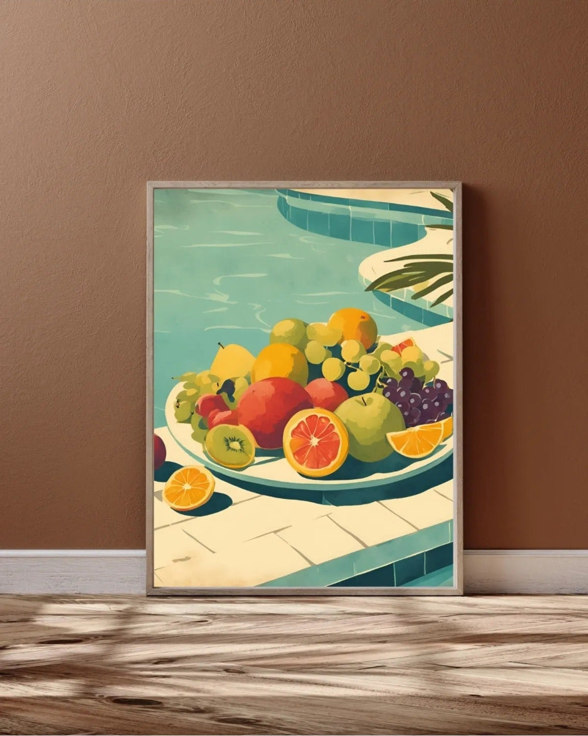 Modern salon dekorasyonu için tropikal meyveler ve havuz temalı retro çerçeveli poster kullanım örneği