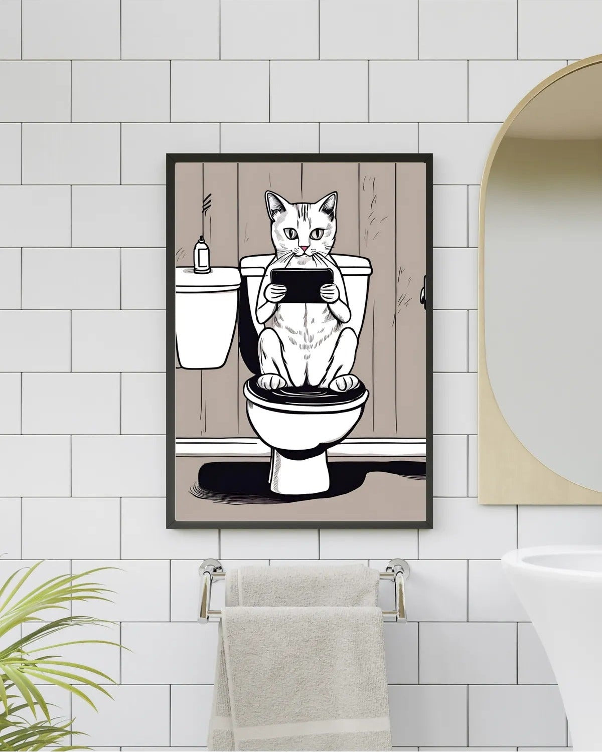 SÜMER Art Decoration tuvalette tabletle oynayan kedi esprili banyo posteri ana görseli