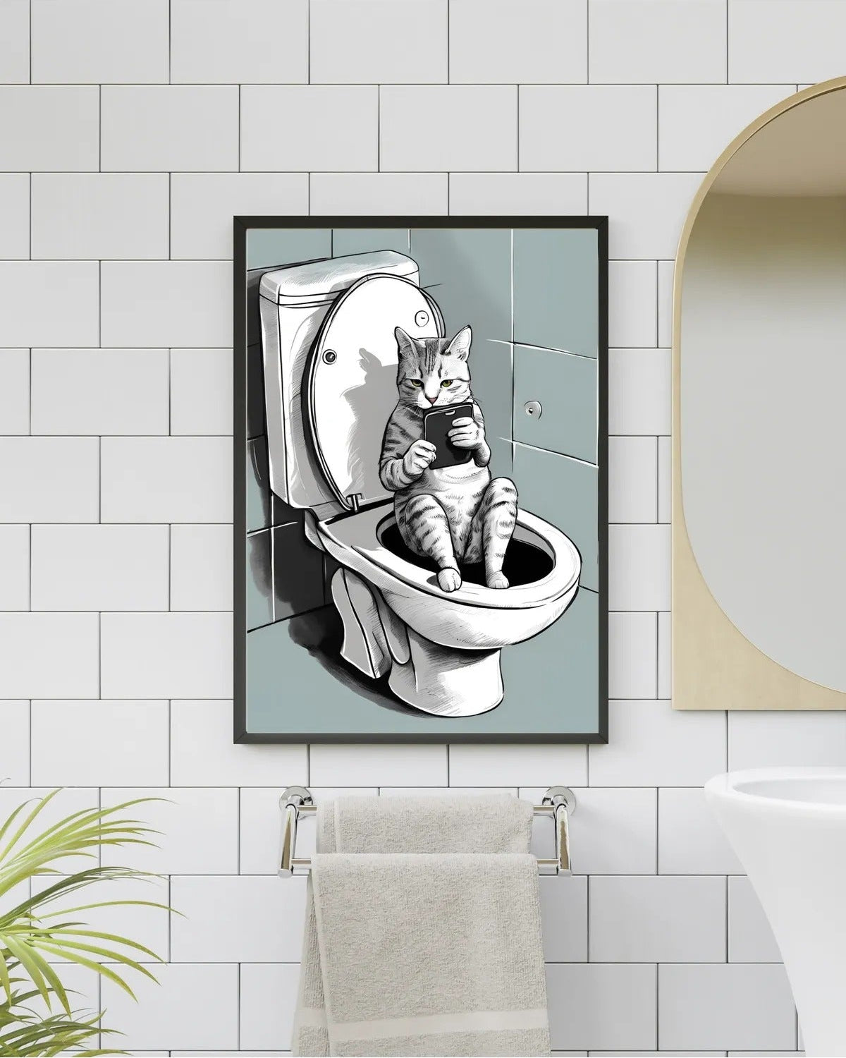 SÜMER Art Decoration tuvalette telefonla oynayan kedi esprili banyo posteri ana görseli