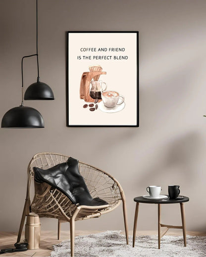 Ahşap standlı V60, cam carafe ve latte art illüstrasyonu detay çekimi