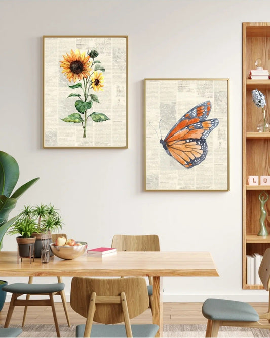 SÜMER Art Decoration vintage gazete baskılı ayçiçeği ve kelebek 2'li poster seti ana görseli