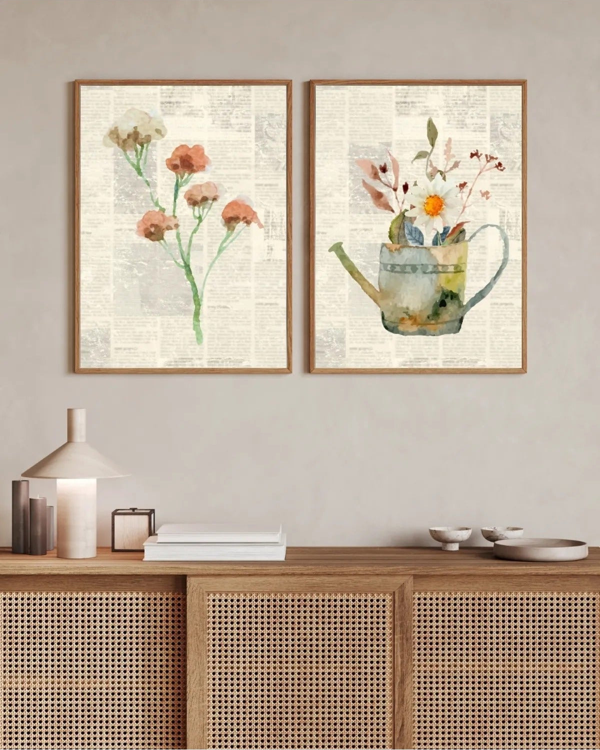 SÜMER Art Decoration vintage gazete arka planlı çiçek desenli 2'li poster seti ana görseli