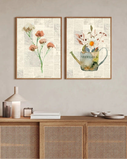 SÜMER Art Decoration vintage gazete arka planlı çiçek desenli 2'li poster seti ana görseli