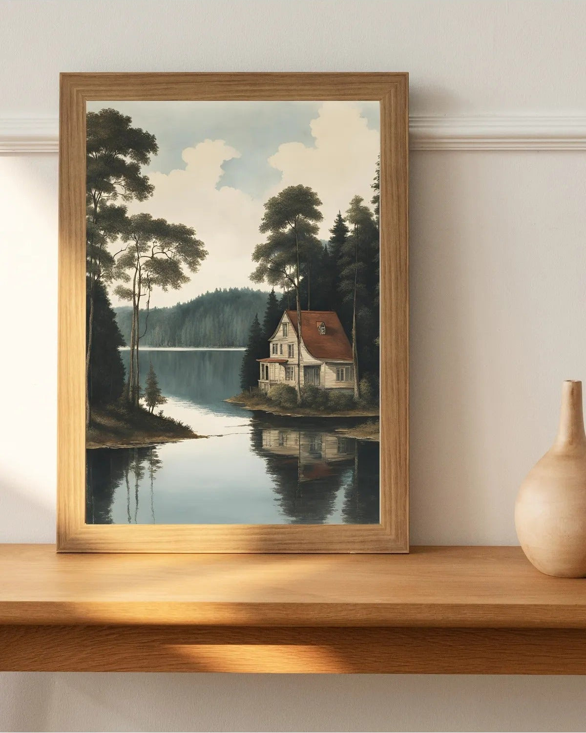 Yağlıboya görünümlü göl evi ve orman illüstrasyonu sanatsal baskı detay çekimi