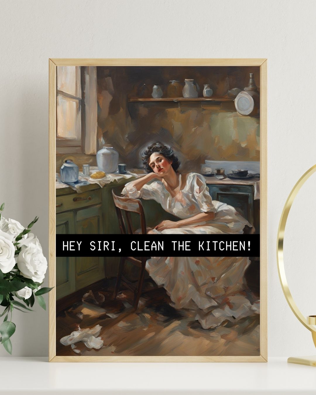 Yağlıboya görünümlü mutfak tablosu üzerindeki "Hey Siri" yazı bandı ve sanatsal doku detay çekimi