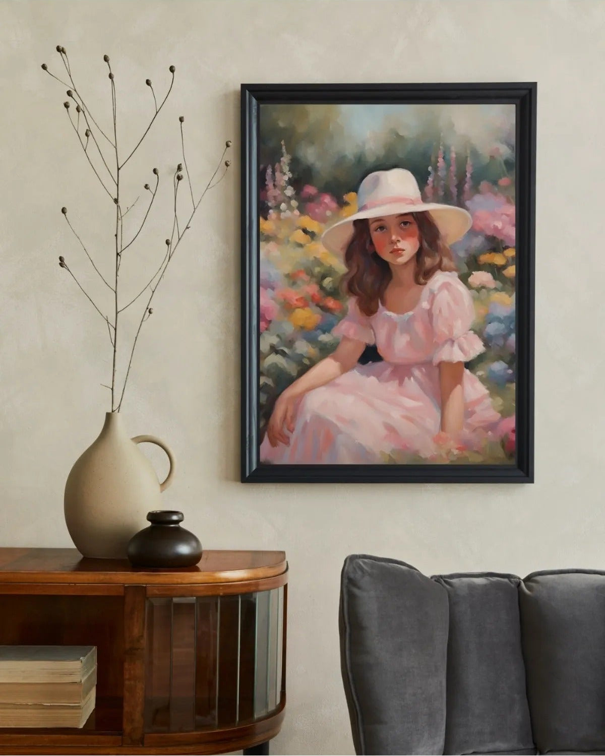 Yağlıboya görünümlü şapkalı kız portresi ve bahar bahçesi manzarası sanatsal detay çekimi