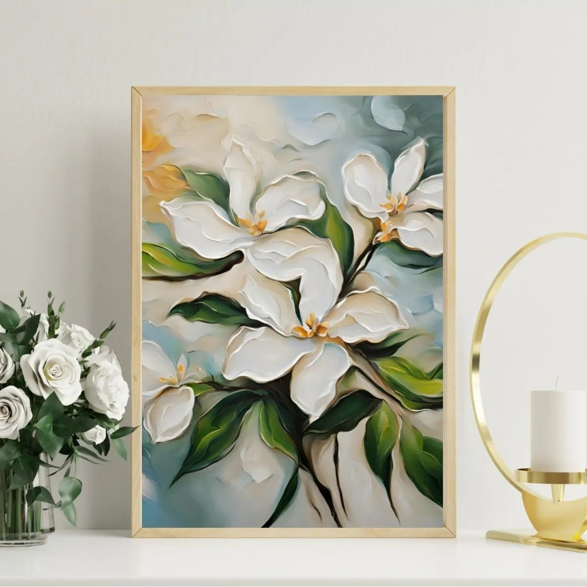 Modern salon dekorasyonunda Yasemin Çiçeği çerçeveli tablo kullanım örneği