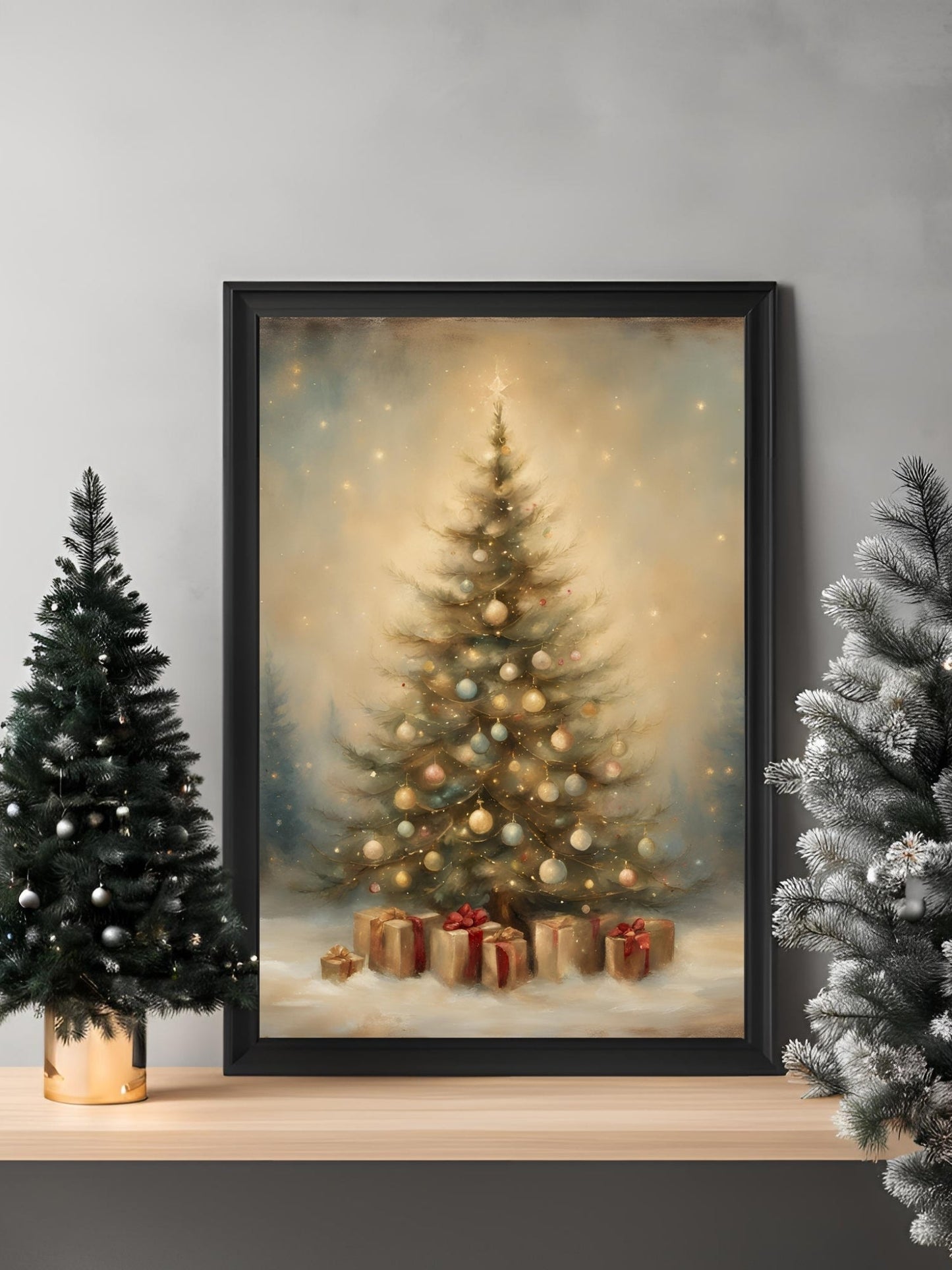 Yılbaşı ağacı posteri üzerindeki altın sarısı ışıklar ve yağlı boya doku detayı