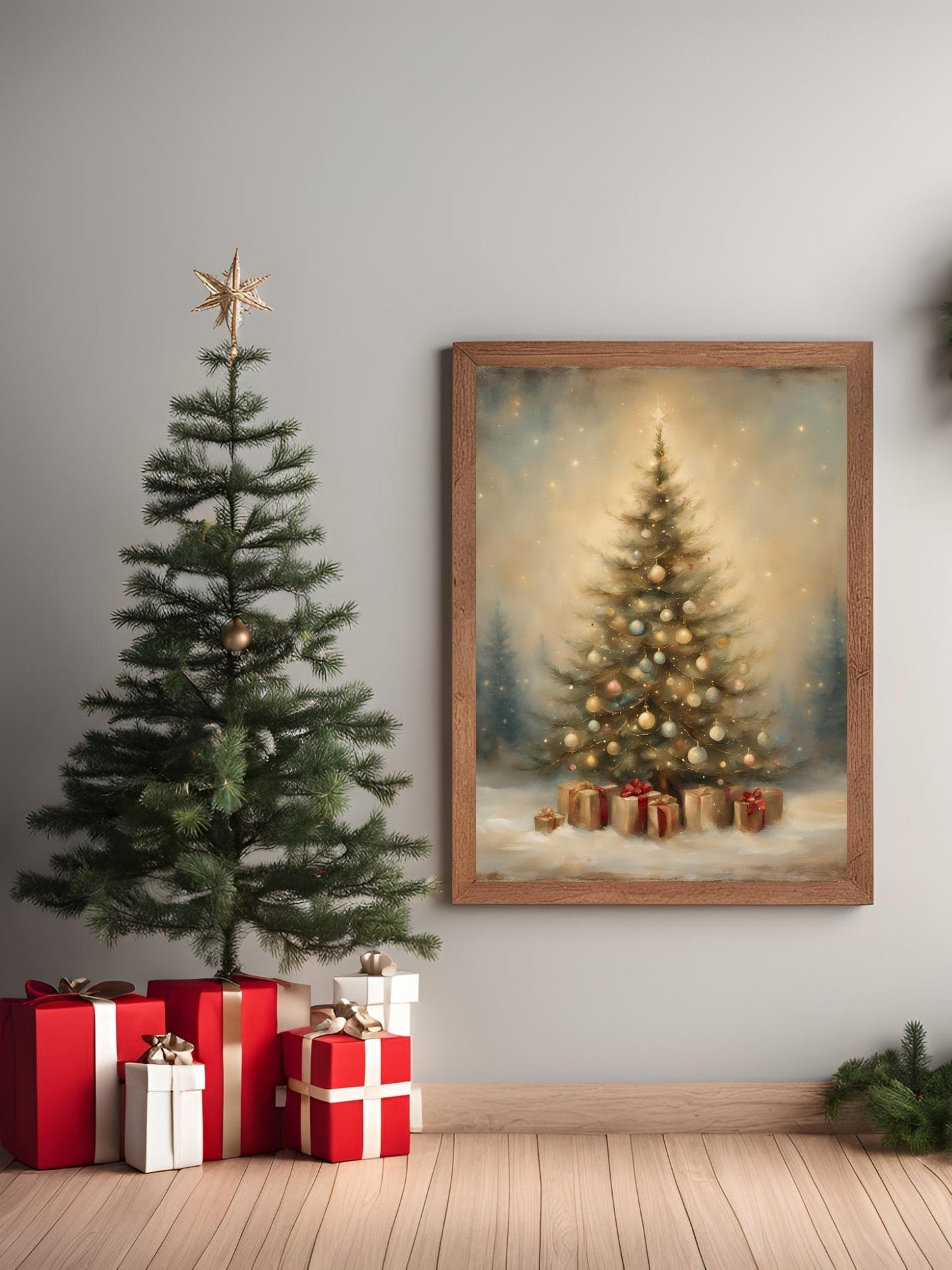 Kış temalı ev dekorasyonu için Işıltılı Yılbaşı Ağacı tablo kullanım örneği
