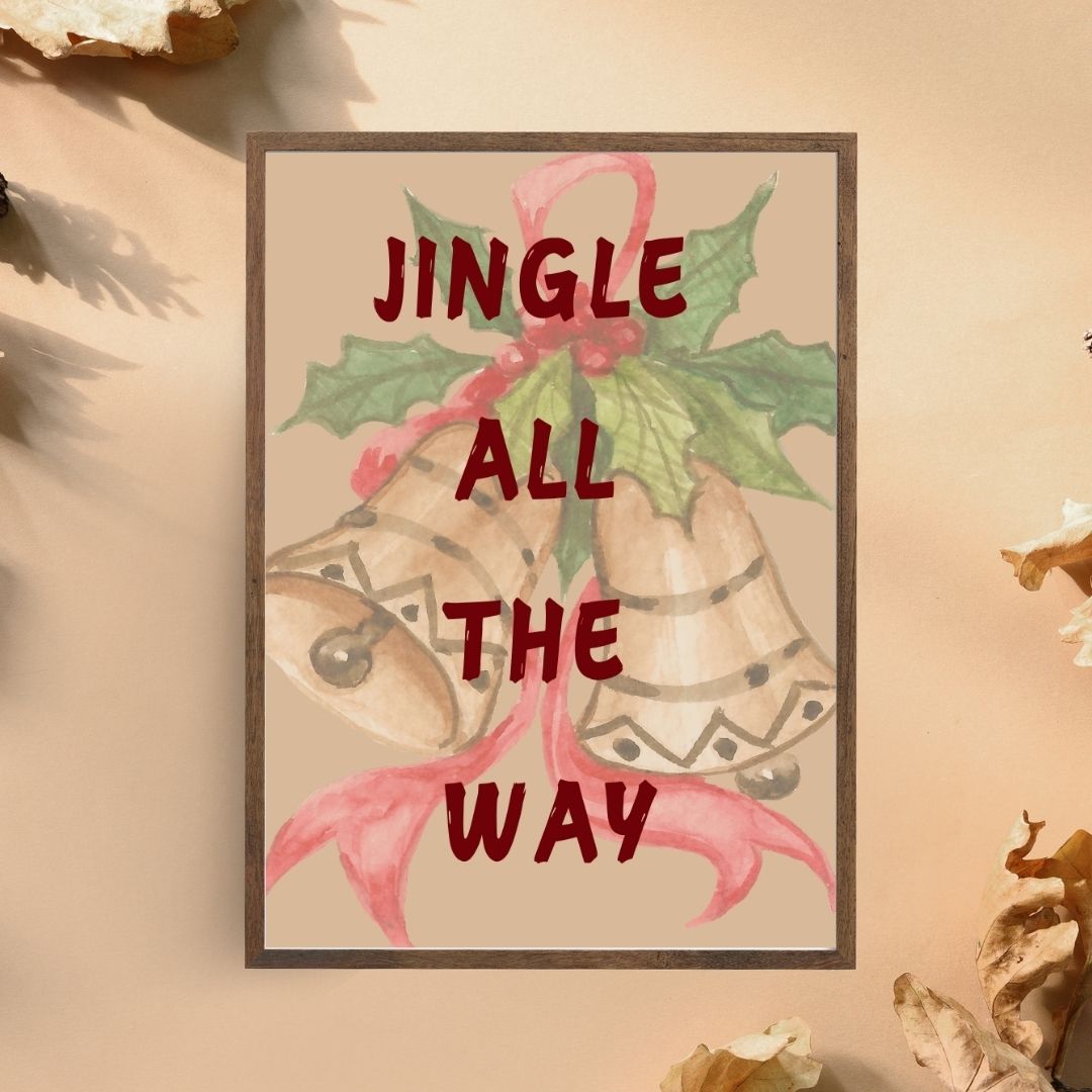 Kırmızı kurdeleli yılbaşı çanları ve kokina illüstrasyonu sanatsal baskı detay çekimi