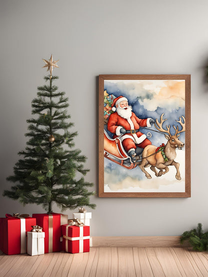 Yılbaşı ağacı ve hediyelerle süslenmiş kış temalı oda dekorasyonu için Noel Baba posteri kullanımı