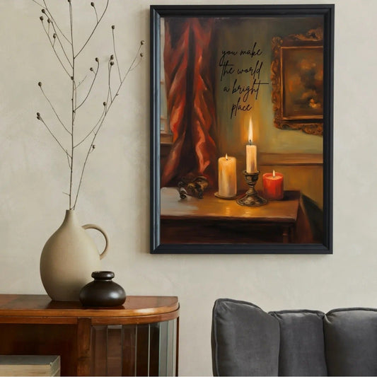 SÜMER Art Decoration mum ışığı ve "You make the world a bright place" yazılı sanatsal poster tablo ana görseli